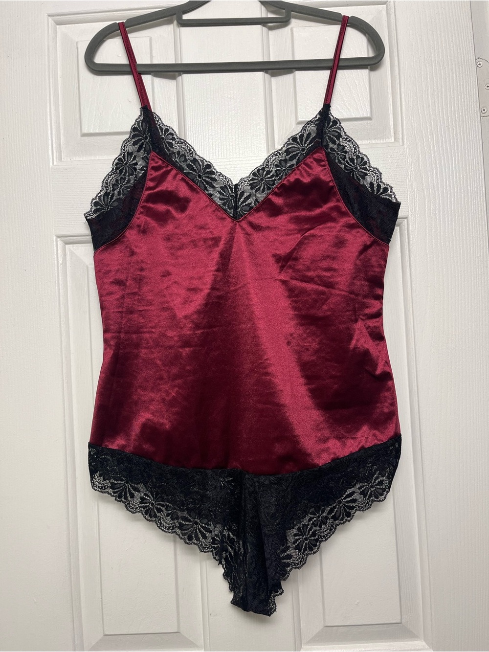 Satin Lace Chemise Teddy in Burgundy with Black Lace Trim